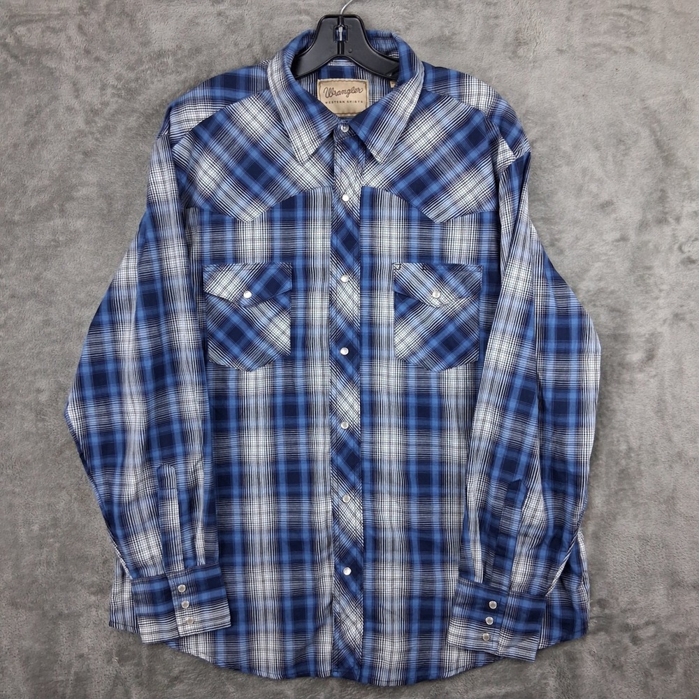 Wrangler Western Shirt Mens XL Blue White Plaid Pearl Snap Long Sleeve 112367202